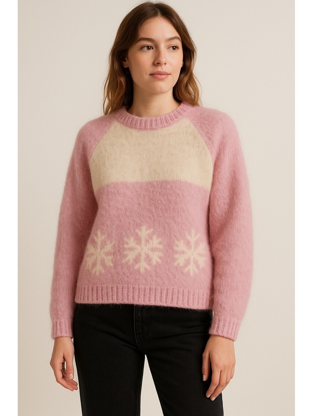 VTG STOBI Denmark Pure New Wool Sweater Sz Sm Pink Cream Fuzzy Colorblock Nordic